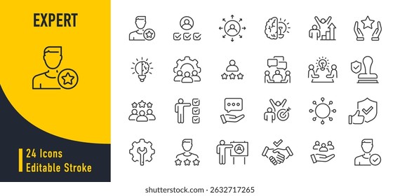 Iconos web expertos en estilo de línea. Competencia, asesoramiento, conocimiento, habilidad, servicio. Ilustración vectorial.