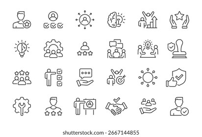 Iconos web expertos en estilo de línea. Competencia, asesoramiento, conocimiento, habilidad, servicio. Ilustración vectorial.