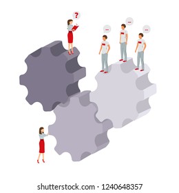 The expert which is on the gear wheels conducts a survey of the working group. Proffesional team work. Isometric vector modern isolated illustration, explore infographic concept.