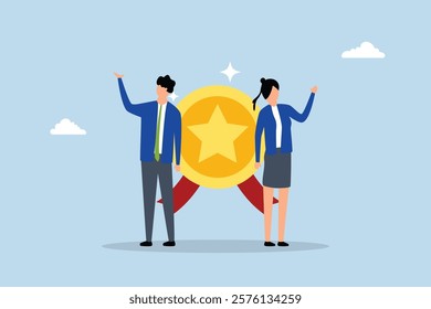 expert who success and win award, Accomplished business man and woman professionals pose with star recognition award. 