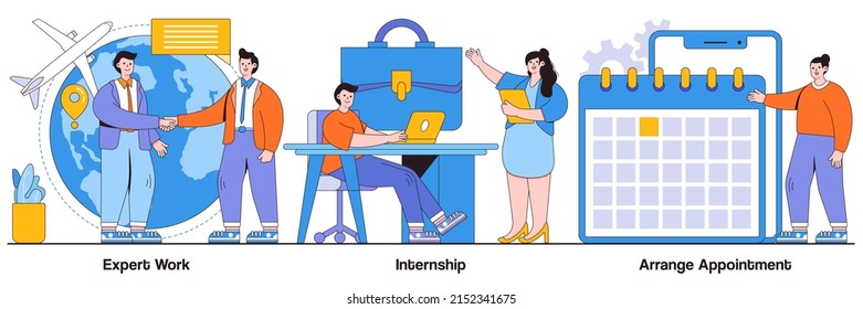 Expert work, internship, arrange appointments with people characters. International employment vector illustrations pack. Apply for job, professional growth, working place, student training metaphor.