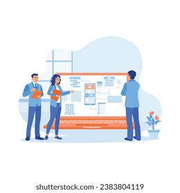 IT expert working in modern office. Develop UI and UX designs for mobile applications on laptop computer screens. APP devs concept. trend modern vector flat illustration