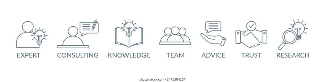  Expertise banner concept illustration with icon expert, consulting, knowledge, team, advice, trust and research