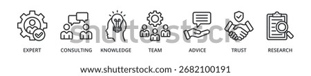Expertise banner icon with expert, consulting, knowledge, team, advice, trust, research