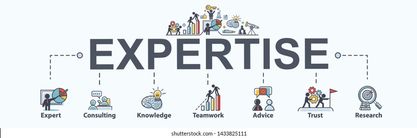 Expertise banner web icon for business, expert, consulting, knowledge, teamwork, advice, trust and research. Minimal vector infographic.
