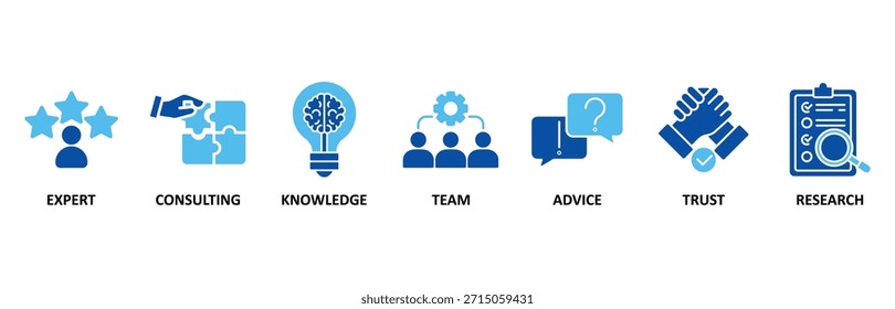 Especialização banner web icon set Na ilustração vetorial estilo azul para representar o conhecimento de alto nível e experiência com um ícone de especialista, consultoria, conhecimento, equipe, conselho, confiança e pesquisa