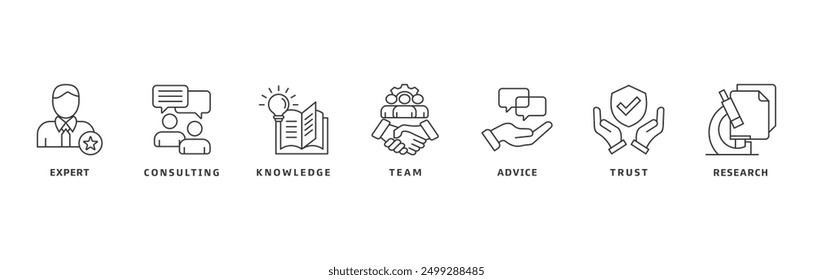 Expertise banner web icon vector illustration design concept representing high-level knowledge and experience with an icon of expert, consulting, knowledge, team, advice, trust, and research