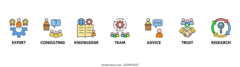 Expertise banner web icon vector illustration concept representing high-level knowledge and experience with an icon of expert, consulting, knowledge, team, advice, trust, and research