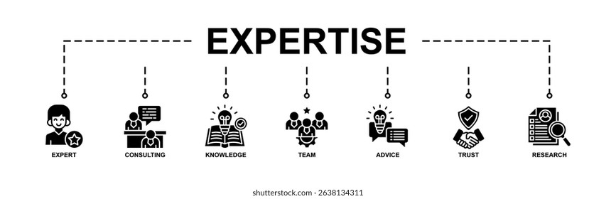 Expertise banner web icon vector illustration concept representing high-level knowledge and experience with an icon of expert, consulting, knowledge, team, advice, trust, and research. Glyph Style