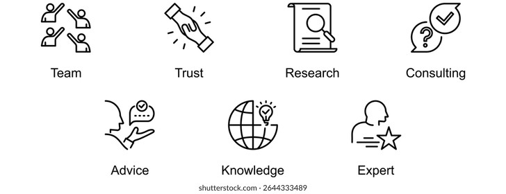 Ilustração vetorial de ícone da Web de banner de especialização de equipe, confiança, pesquisa, consultoria, conselho, conhecimento, especialista