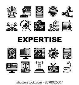 Experimente el vector de conjunto de iconos de procesamiento comercial. Experiencia De Empleado Y Liderazgo, Calendario Con Informe De Trabajo Realizado E Información Sobre El Logro De Los Objetivos Pictogramas De Glifos Ilustraciones Negras