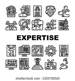 Expertise Business Processing Icons Set Vector. Skill Employee And Leadership Expertise, Calendar With Report Work Done And Reporting Goal Achievement. Scientific Approach Black Contour Illustrations