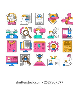 Expertise Business Processing Icons Set Vector. Skill Employee And Leadership Expertise, Calendar With Report Work Done And Reporting Goal Achievement. Scientific Approach color Contour Illustrations