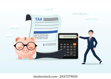 Expertise businessman completed tax filing form with calculator, income tax filing, calculate revenue and filling tax form, expert complete checklist for all reduction, refund and payment (Vector)