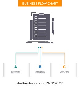 expertise, checklist, check, list, document Business Flow Chart Design with 3 Steps. Glyph Icon For Presentation Background Template Place for text.