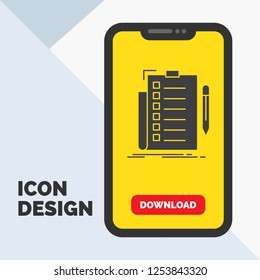 expertise, checklist, check, list, document Glyph Icon in Mobile for Download Page. Yellow Background