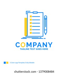 expertise, checklist, check, list, document Blue Yellow Business Logo template. Creative Design Template Place for Tagline.