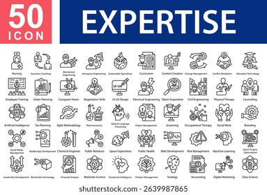 Expertise Collection of Icons with Outline Style Containing: Executive Coaching,Mechanical Engineering,Aerospace Engineering,Sustainable Agriculture,Curriculum,Content Creation,Change Management