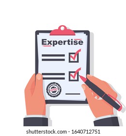 Expertise concept. Expert holding  in hand clipboard and pen. Documents and written research. An experienced person advises and evaluates. Vector illustration flat design. Isolated on white background