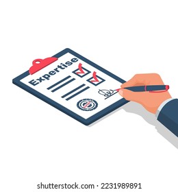 Expertise concept. Expert holding  in hand clipboard and pen. Documents and written research. An experienced person advises and evaluates. Vector illustration isometric 3d design. 