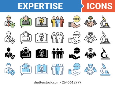 Conceito de especialização que representa o conjunto de ícones de banner de alto nível de conhecimento e experiência com coleção de vários estilos.