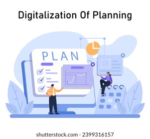 Expertise in digital planning illustrated with professionals amid digital screens, a dynamic pie chart, and a detailed checklist. Transforming traditional methods. Flat vector.