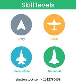 Expertise, evolution, skill or experience level icons. Airplane, aircraft silhouettes. Job skills levels. Path to the success or goal. Basic, medium advanced, expert symbols. Flat vector illustration