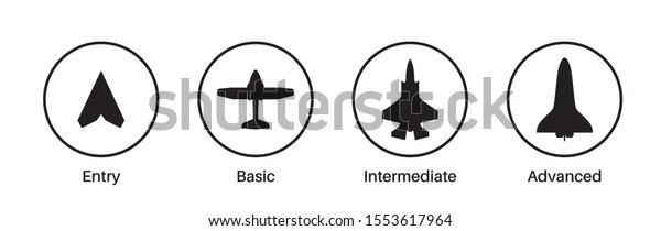 専門知識 技能 スキル 経験 レベルのアイコン 飛行機 航空機のシルエット 職能レベル 成功または目標へのパス 基本 中 上級 エキスパート記号 平らなベクター画像イラスト のベクター画像素材 ロイヤリティフリー