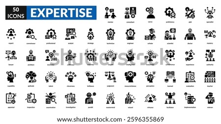 Expertise glyph icon set collection. Analyst, knowledge, veteran, mastery, professional, skill, experience, proficiency, talent, ability, competence, specialist, expert