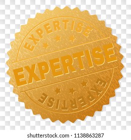 EXPERTISE gold stamp award. Vector gold award of EXPERTISE text. Text labels are placed between parallel lines and on circle. Golden skin has metallic structure.