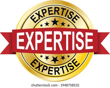 Premio de sellos de oro de EXPERTOS. Premio de oro vectorial del texto de EXPERTISE. Las etiquetas de texto se colocan entre líneas paralelas y en círculo. La piel dorada tiene estructura metálica