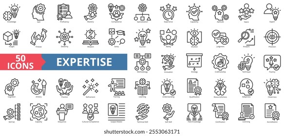 Expertise icon collection set. Contain knowledge, skill, proficiency, mastery, competence, specialization, experience, capability, aptitude, talent, expert, insight, technical, capacity, capability