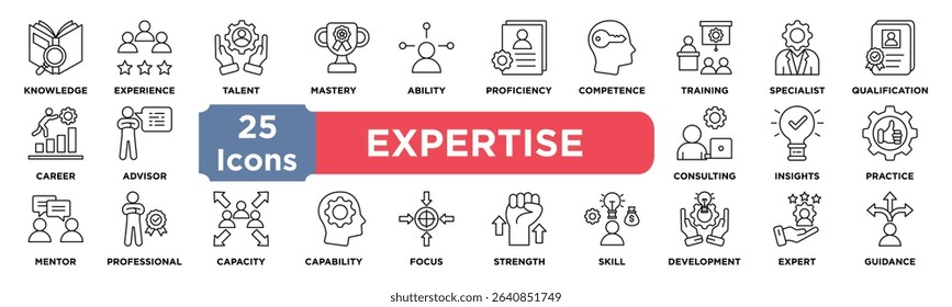 Expertise icon collection set. Containing knowledge,experience,talent,mastery,ability,proficiency,competence,training,specialist,qualification icon. Simple line vector.