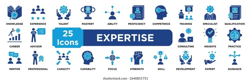 Expertise icon collection set. Containing knowledge,experience,talent,mastery,ability,proficiency,competence,training,specialist,qualification icon. dual tone vector.