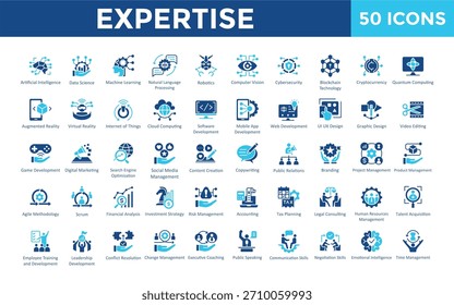 Conjunto de iconos de experiencia con inteligencia artificial, ciencia de datos, aprendizaje automático, procesamiento de lenguaje natural, robótica, visión por computadora, ciberseguridad, icono de blockchain. Vector plano simple 

