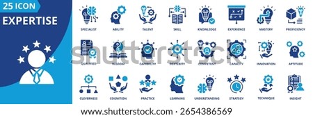expertise icon set collection in solid glyph style. an icon pack contain skill,knowledge,mastery,ability,experience,talent,proficiency