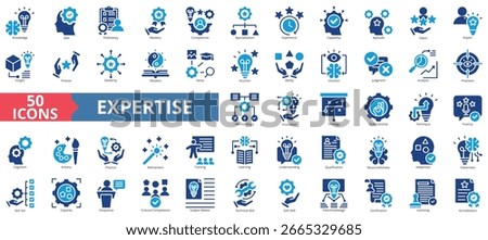 Expertise icon set flat style collection. Contain knowledge, skill, proficiency, mastery, competence, specialization, experience, capability, aptitude, talent, expert, insight, capacity, competence