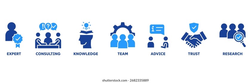 Ícone de especialização conjunto ilustração conceito ilustração com ícone de especialista, consultoria, conhecimento, equipe, conselho, confiança, pesquisa