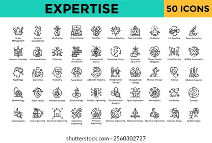 Expertise icon set with stress management, personal development, mindfulness, fitness training, nutrition, wellness coaching, yoga instruction, meditation, life coaching icon. Simple line vector 
