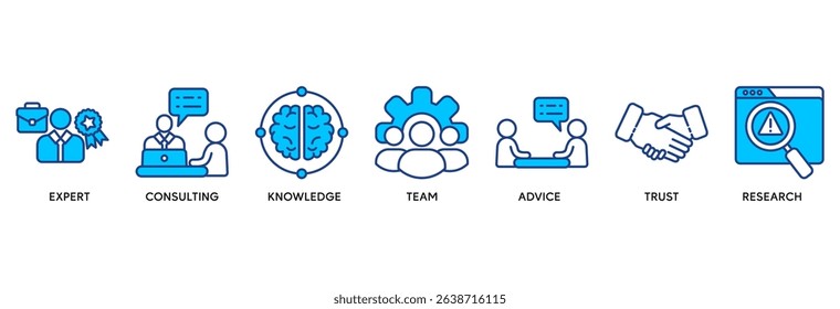 Expertise icon set vector illustration concept relate to representing high-level knowledge and experience with an icon of expert, consulting, knowledge, team, advice, trust, and research