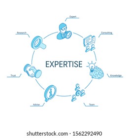 Expertise isometric concept. Connected line 3d icons. Integrated circle infographic design system. Expert service, consulting, research, team advise symbols. Knowledge, trust, advice pictogram