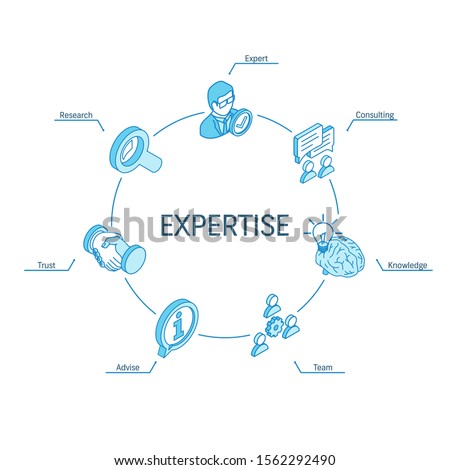 Expertise isometric concept. Connected line 3d icons. Integrated circle infographic design system. Expert service, consulting, research, team advise symbols. Knowledge, trust, advice pictogram