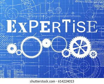 Expertise Sign And Gear Wheels Technical Drawing On Blueprint Background
