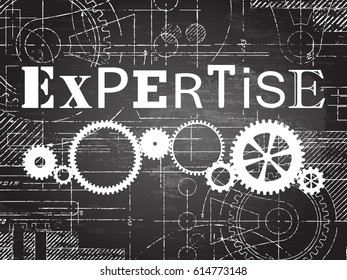 Expertise sign and gear wheels technical drawing on blackboard background