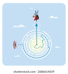Experiência e habilidade para resolver problemas de negócios. O empresário super-herói voando em uma seta de alta altura segurando sua maleta com o objetivo de resolver o quebra-cabeça do labirinto.