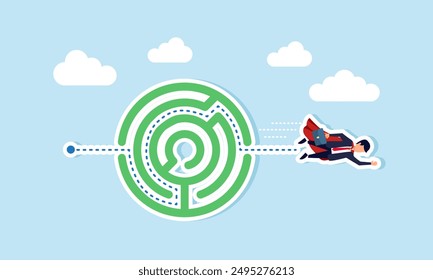 Expertise and skills solve business problems leadership and creativity overcome challenges, leading to success, concept of businessman superhero fly solving maze puzzle