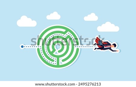 Expertise and skills solve business problems leadership and creativity overcome challenges, leading to success, concept of businessman superhero fly solving maze puzzle