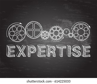 Expertise text with gear wheels hand drawn on blackboard background
