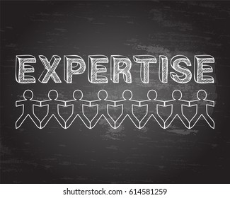 Expertise text hand drawn with paper people on blackboard background
