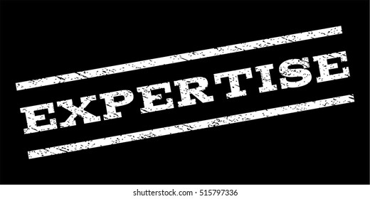 Expertise watermark stamp. Text tag between parallel lines with grunge design style. Rubber seal stamp with scratched texture. Vector white color ink imprint on a black background.